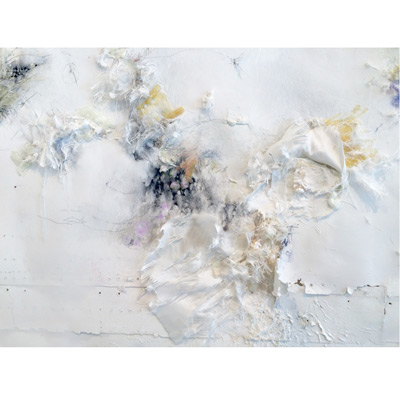 Another Place I, 2014,
62” x 42”, Mixed media, silk fabric, thread, joint compund, Gorilla glue on paper
